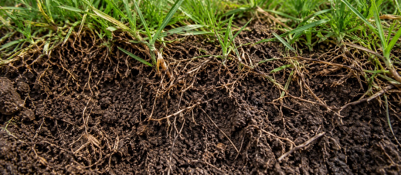Nahaufnahme von Gartenerde mit Graswurzeln bei gleichmäßigem Licht, ohne Werkzeug