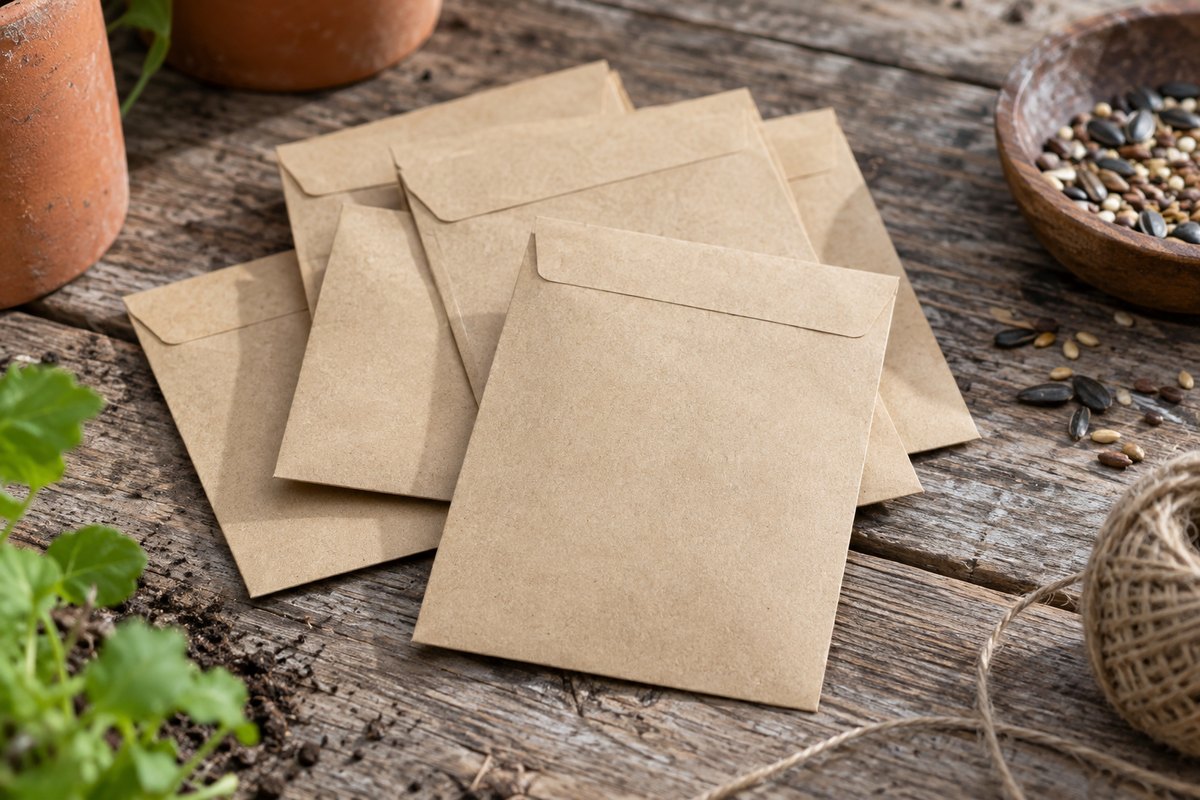 Stapel leerer Kraftpapier-Saattüten auf einem verwitterten Holztisch, ohne Aufdruck