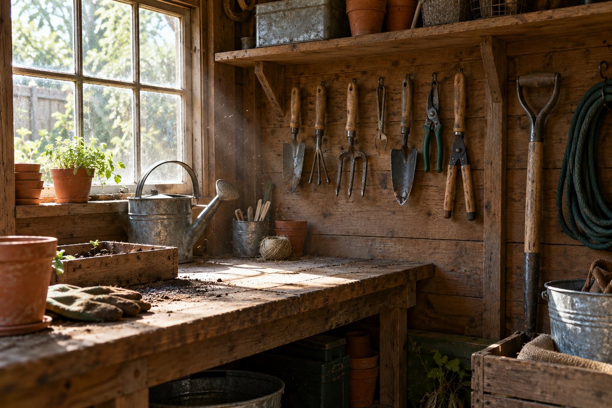 Innenraum eines kleinen Gartenschuppens, unmarkierte Handwerkzeuge, staubiges Fensterlicht, ohne Etiketten