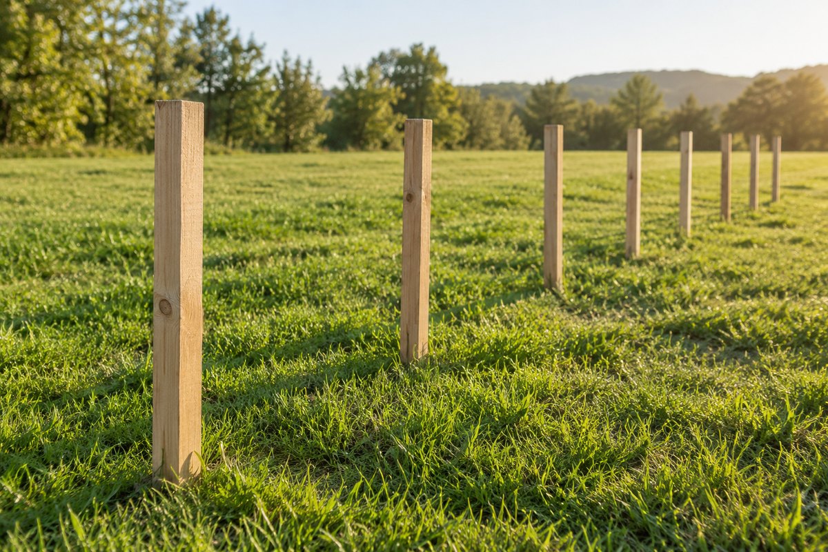 Sonniges Gras mit einer Reihe schlichter unmarkierter Holzstäbe, ohne Figuren