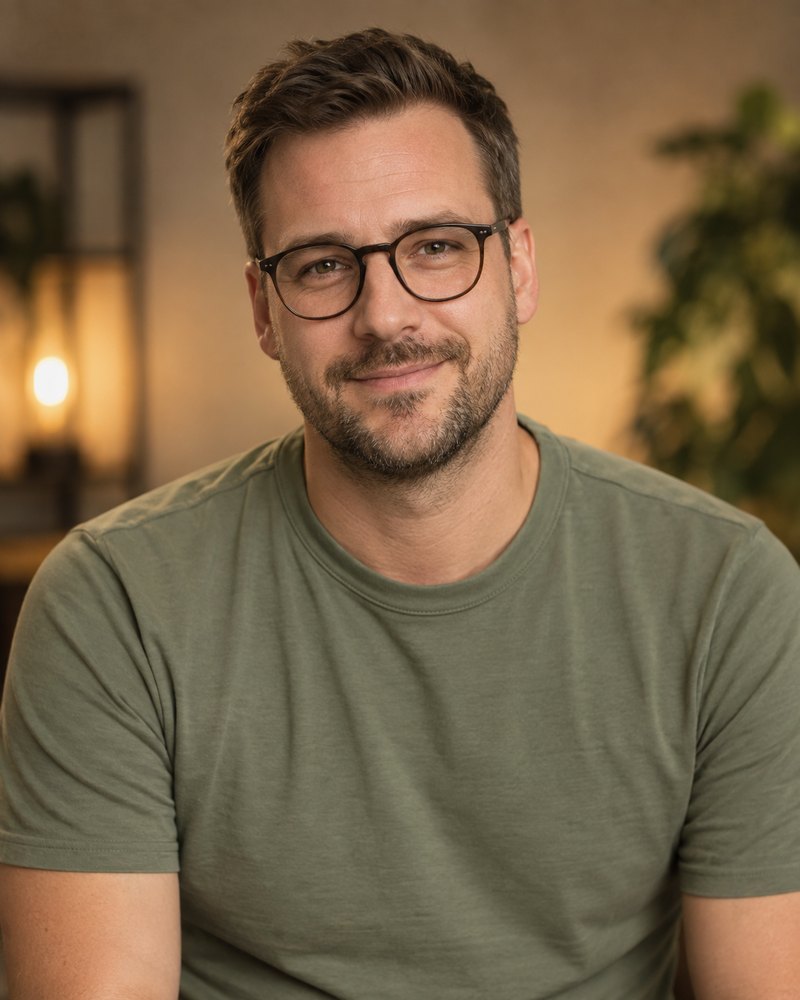 Porträt eines Mannes um die achtunddreißig, Brille, kurzes Haar, schlichtes Salbeishirt ohne Aufdruck